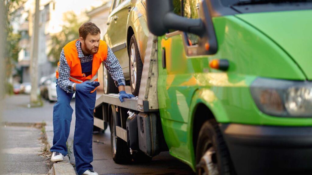 Concentrated truck worker in uniform checking car