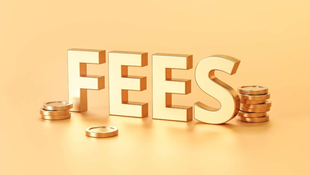 Gold fee sign and paying extra fees concept on golden background
